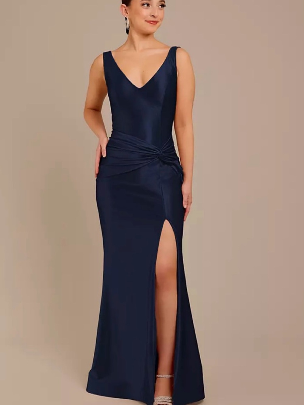 Galina Signature Satin Slit Evening Dress - V-Neck